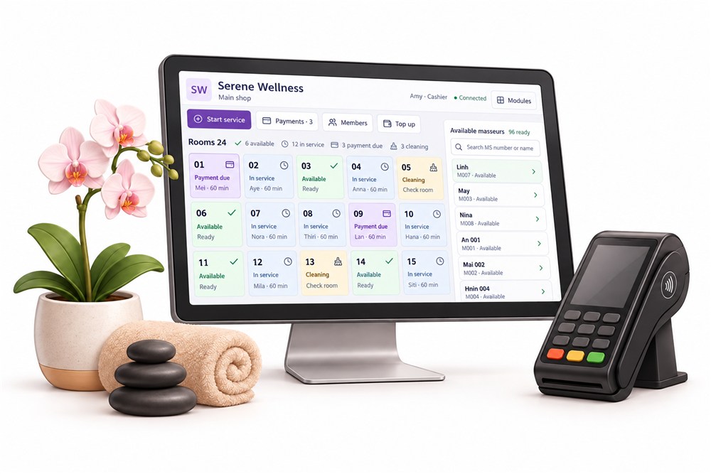 Illustration of a business dashboard and payment terminal
