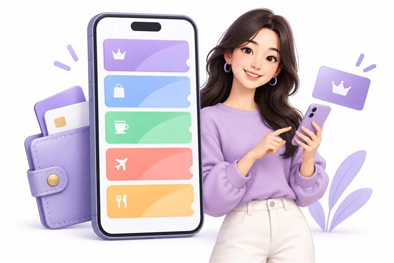 Illustration of a member wallet and a customer using her phone